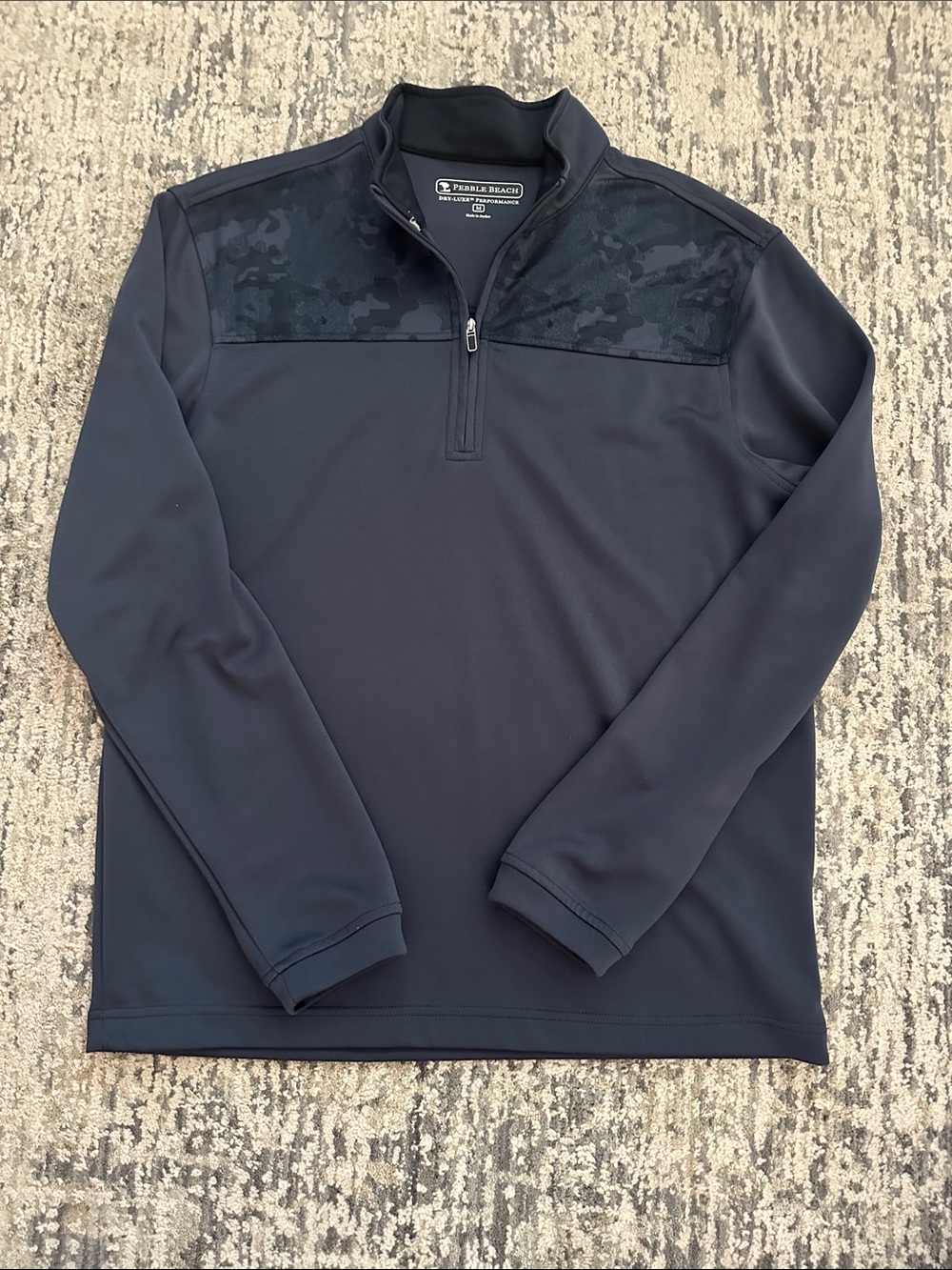 Pebble Beach Navy Half-Zip Performance Pullover with Textured Camo Yoke